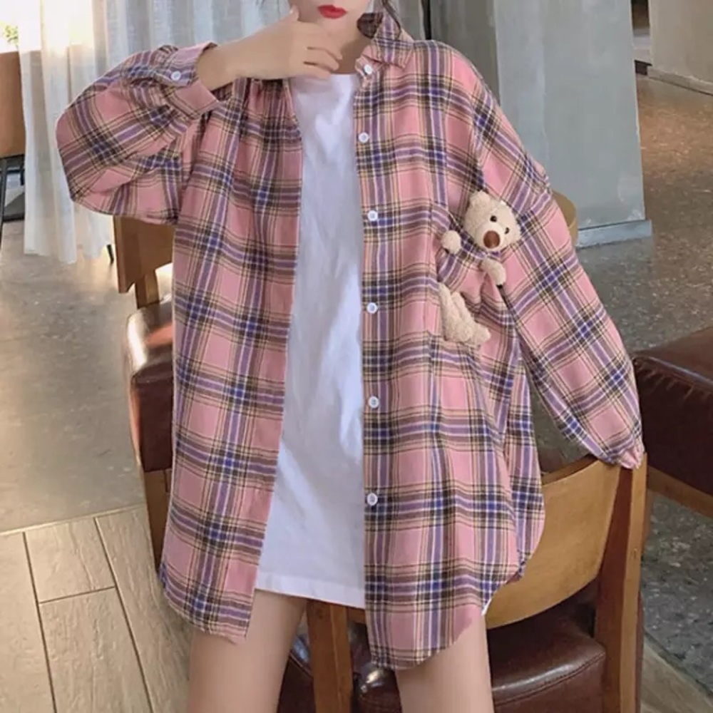 Plaid shirt flannel Bear plush button stripe candy pink pocket y2k Kawaii